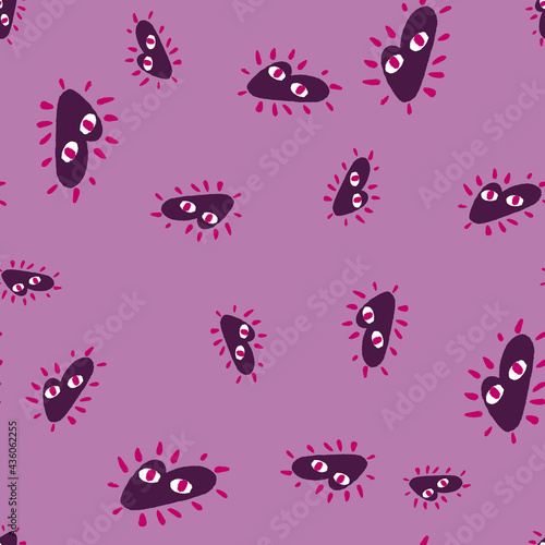 Romantic seamless pattern with doodle purple random heart abstract shapes. Pastel purple background.