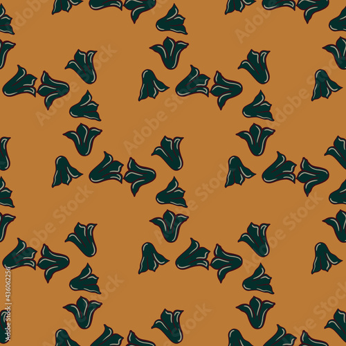 Geometric seamless botany pattern with green outline bell flowers shapes. Orange background.