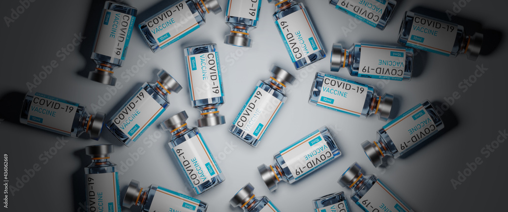 top view background of new vaccine to fight the coronavirus pandemic.vaccine Bottles with Labels Move on Conveyor Belt in Laboratory.Bio science and sars-cov-2 COVID-19 medical concept.3d render top view background of new vaccine to fight the coronavirus pandemic.vaccine Bottles with Labels Move on Conveyor Belt in Laboratory.Bio science and sars-cov-2 COVID-19 medical concept.3d render