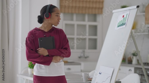 Young disappointed African American woman looking at whiteboard with business graphs sighing and leaving. Portrait of dissatisfied manager thinking startup failure solution in home office photo