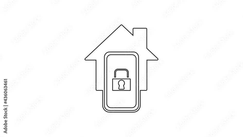 Black line Mobile phone with smart home icon isolated on white background. Remote control. 4K Video motion graphic animation Black line Mobile phone with smart home icon isolated on white background. Remote control. 4K Video motion graphic animation