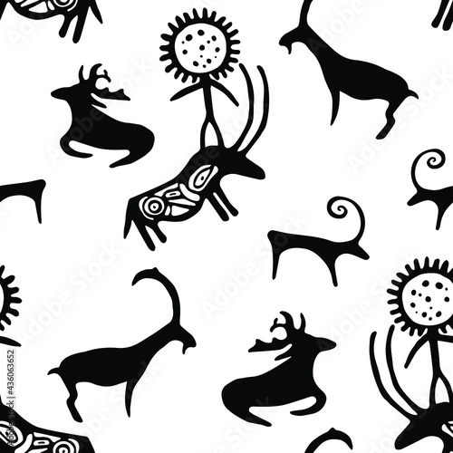 Black white cave drawing animals goat  sheep   elk and cow carring a man vector seamless pattern graphic design. Ancient cave art of ox bullock  deer stag  nowt neat  beef animals. Kazakh ornament