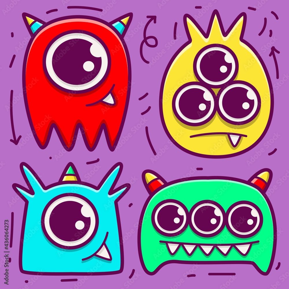 cute monster cartoon doodle design for coloring, backgrounds, stickers, logos, symbol, icons and more