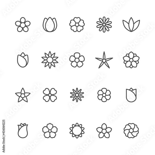 Flower line icon set. Trendy outline flowers symbols for floral stores and mobile apps. Beautiful linear plants. Vector isolated on white.