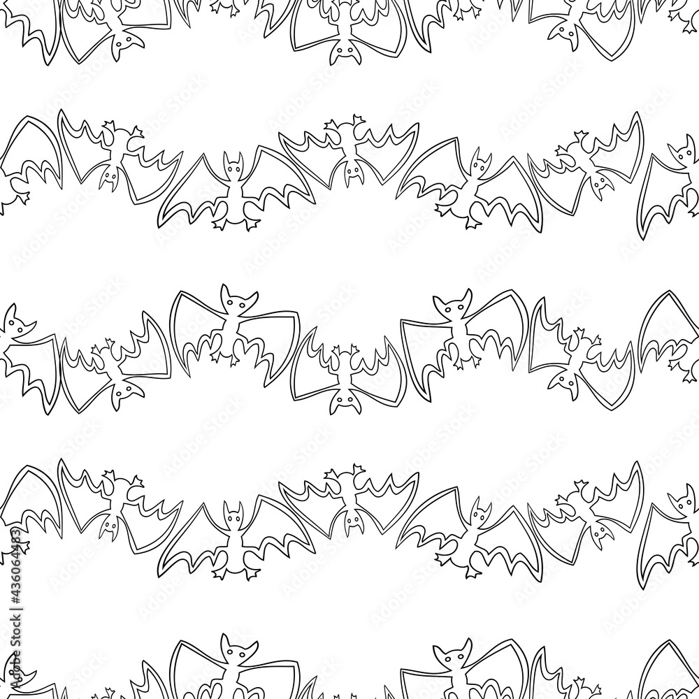 Seamless pattern of outlines cartoon flying bats in rows