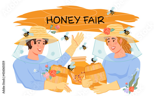 Honey fair or festival poster template with soaring man and woman, flat vector illustration isolated on white background. Invitation banner or poster to honey market with beekeepers or apiarists.