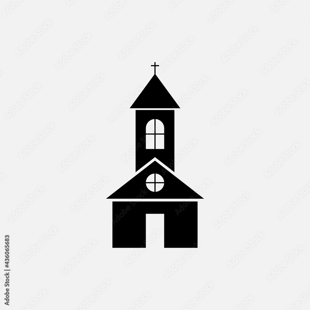 Church flat of black color. Church with cross icon on white background Church flat of black color. Church with cross icon on white background