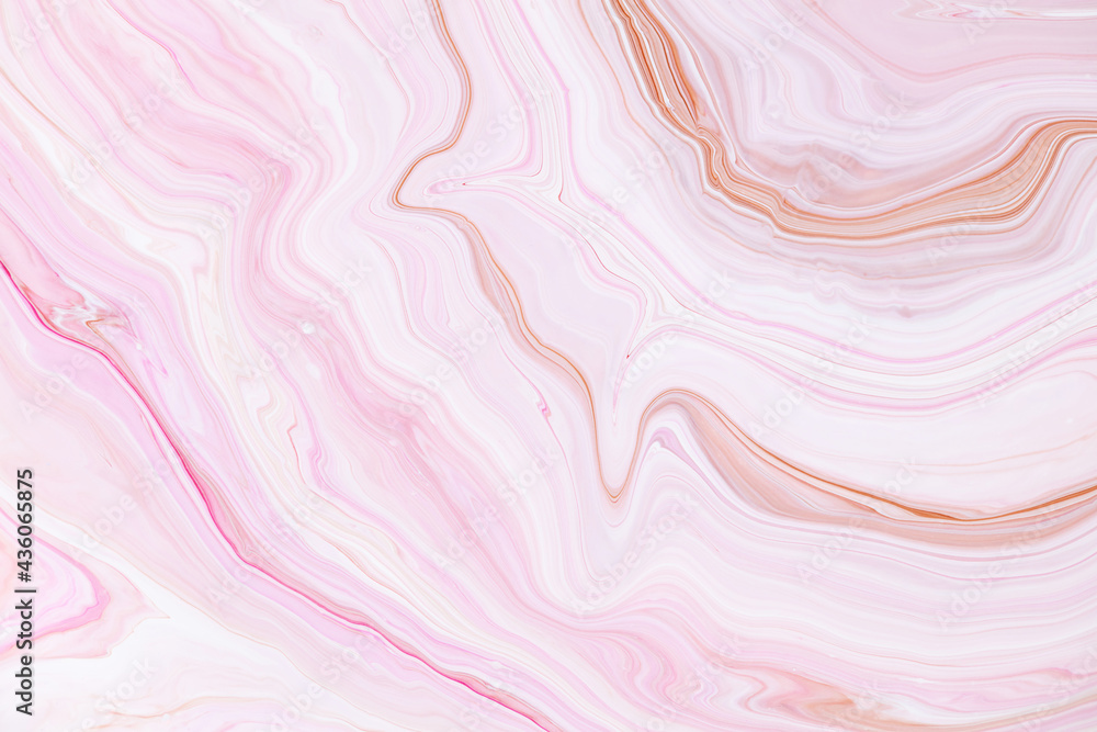 Fluid art texture. Abstract backdrop with mixing paint effect. Liquid acrylic picture with flows and splashes. Mixed paints for website background. Pink and beige overflowing colors.
