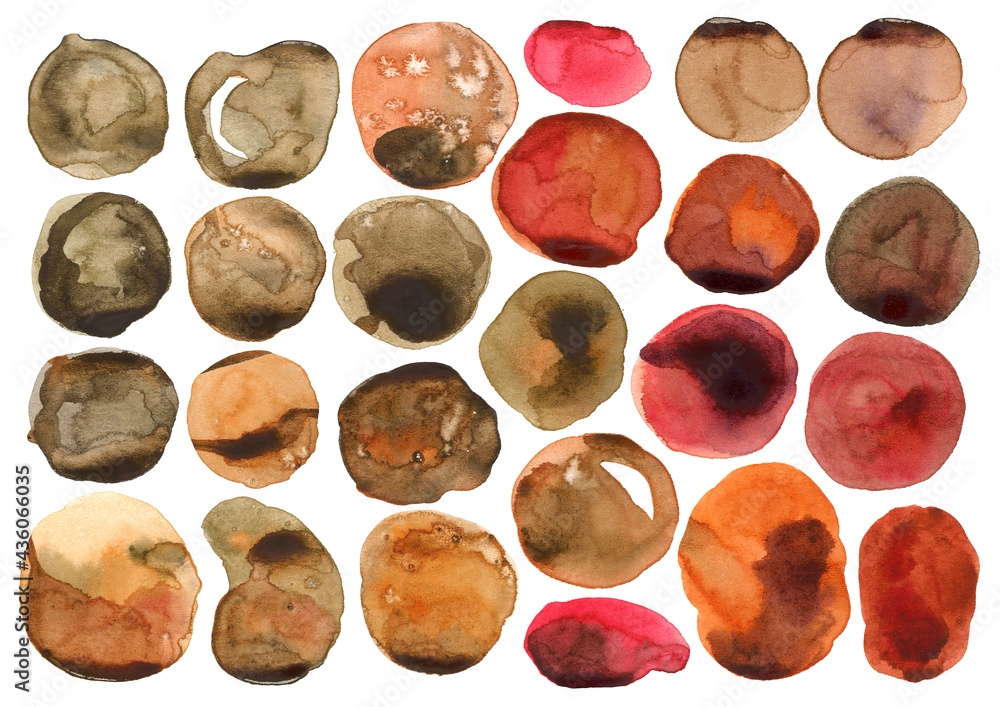 set of blurry brownish-red watercolor circles. beautiful sags and transitions of paint. set of blurry brownish-red watercolor circles. beautiful sags and transitions of paint.