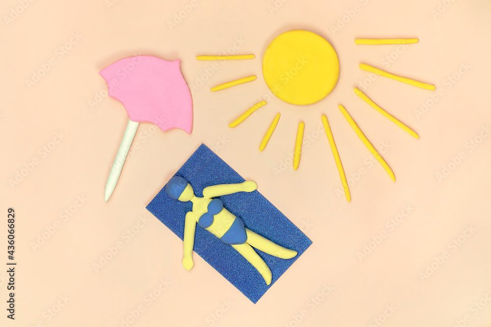 Mockup of Women laying on the beach under umbrella taking a sunbath. Top view. Concept of summer holiday. Mockup of Women laying on the beach under umbrella taking a sunbath. Top view. Concept of summer holiday.