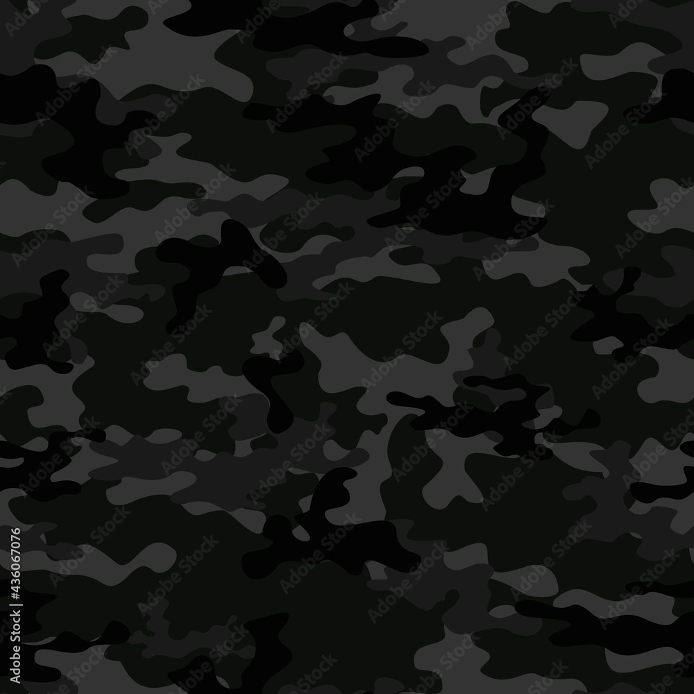 Vector black camouflage seamless background, night shape pattern. Ornament.