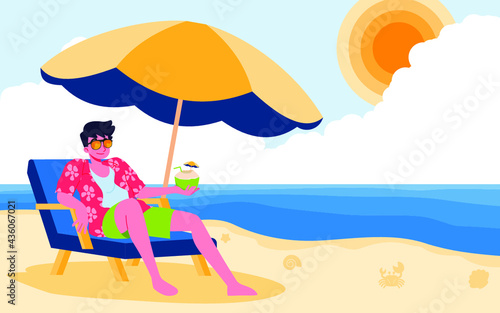 On a summer vacation, a young man lounged comfortably on a beach chair by the blue sea under large umbrella to block the sunlight on the fine sand in a beautiful sky with big cloudy day.