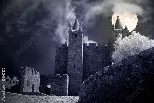 Castle in a foggy full moon night