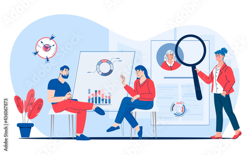 HR Human Resources department work.  HR managers looking for new job candidate and interviewing vacancy applicant. Recruitment, headhunting and employment, flat vector illustration isolated on white.