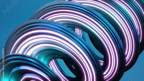 3d render of abstract neon shiny swirls on blue background. Digital illustration for wallpapers, posters and covers. Futuristic design.