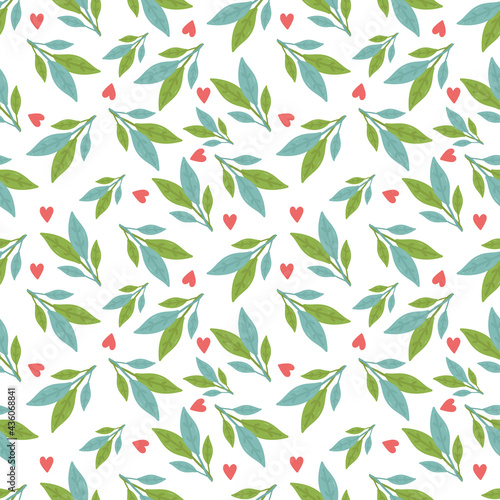 Leaves and hearts seamless pattern background. Hand drawn style. Vector illustration.