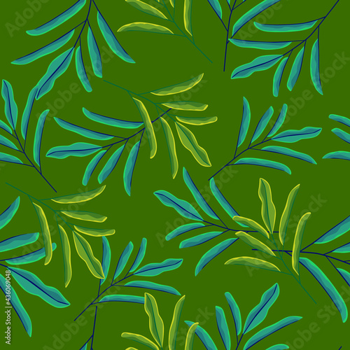 Blue and green random simple leaf branches ornament seamless pattern. Hand drawn botanic backdrop.