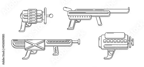 Vector line art blasters collection. Toy gun set coloring page. Futuristic weapon design. Space game gun outline icons on white background