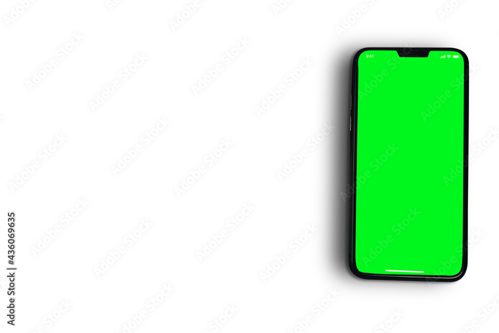 Naklejka premium Green Chroma Key on smartphone screen isolated on white background.