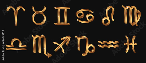 Vector realistic golden Zodiac signs. 3d Horoscope symbols. Shining gold zodiacal icons