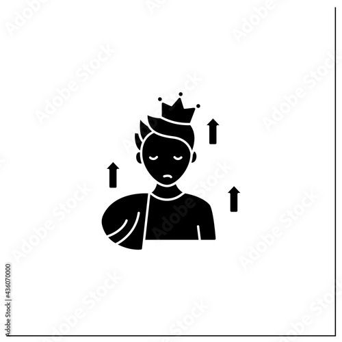 Grandeur delusions glyph icon. Identifying yourself as another person, famous or important figure.Unable to recognize reality.Filled flat sign. Isolated silhouette vector illustration