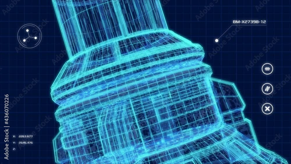 futuristic software interface for mechanical design wit a mechanical piece in wireframe (3d render)