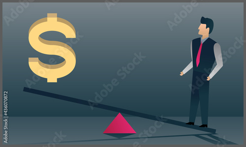 vector illustration of Leverage principle, three businessmen stand on the seesaw to raise the dollar