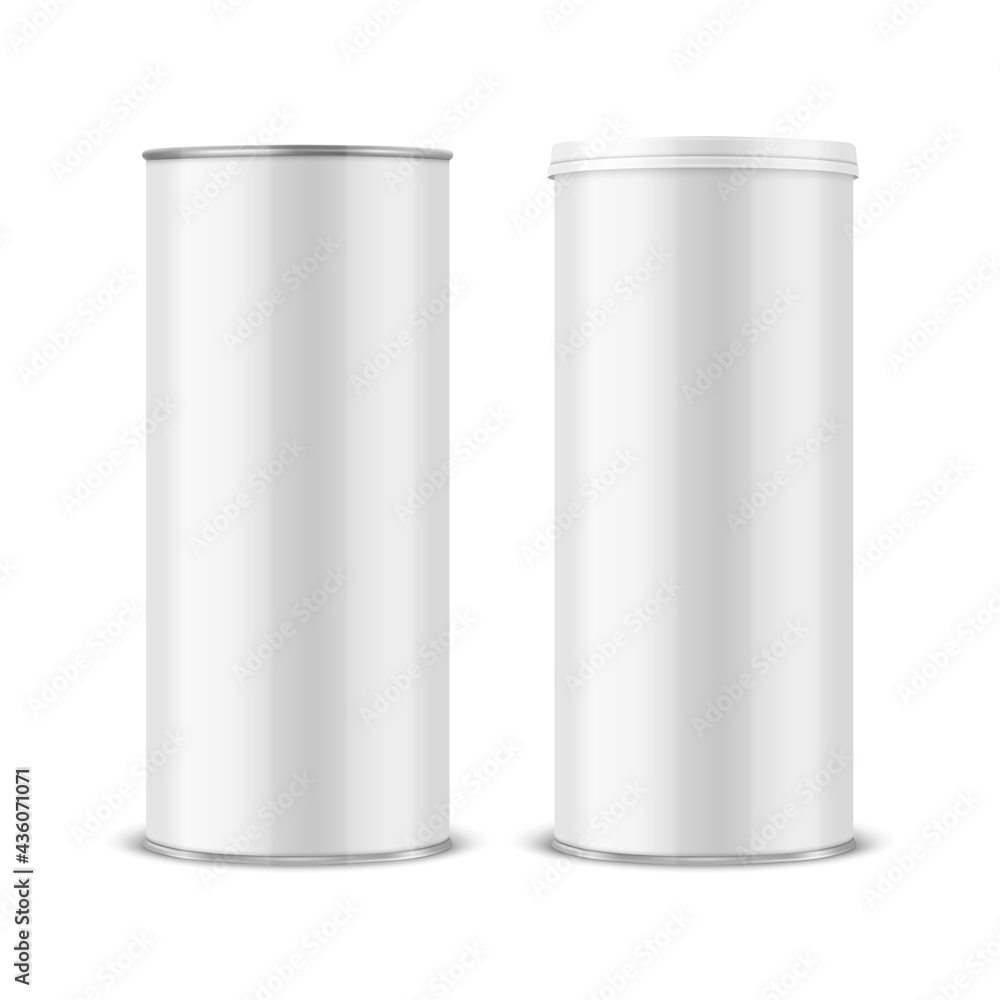 Vector 3d Realistic Blank Glossy White Metal Tin Can, Canned Food, Potato Chips Packaging With Lid Set Isolated On White Background. Medium Size. Design Template, Mockup. Front View Vector 3d Realistic Blank Glossy White Metal Tin Can, Canned Food, Potato Chips Packaging With Lid Set Isolated On White Background. Medium Size. Design Template, Mockup. Front View