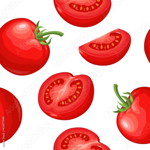 Seamless pattern fresh whole, half and slice tomato. Isolated on the white background.