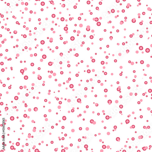 Abstract hand drown polka dots background. White seamless pattern with pink circles. Template design for invitation, poster, card, flyer, banner, textile, fabric