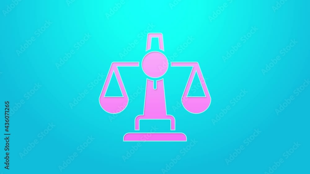 Pink line Scales of justice icon isolated on blue background. Court of law symbol. Balance scale sign. 4K Video motion graphic animation Pink line Scales of justice icon isolated on blue background. Court of law symbol. Balance scale sign. 4K Video motion graphic animation