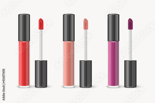 Vector 3d Realistic Red, Nude, Pink Lip Gloss, Lipstick Package, Black Cap Set Isolated. Glass Container, Tube, Lid, Brush. Plastic Transparent Bottle Design Template, Mockup. Front View