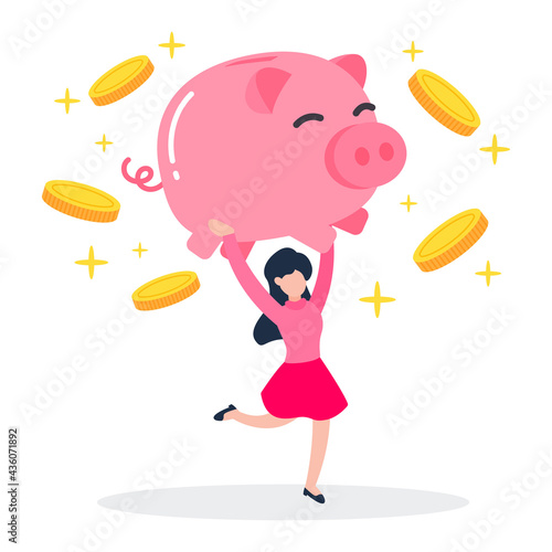 Woman carry a big pink piggy bank with floating coins. The creative concept of saving money, financial, wealth, rich, and investment. Trendy cute cartoon character vector illustration. Flat style.