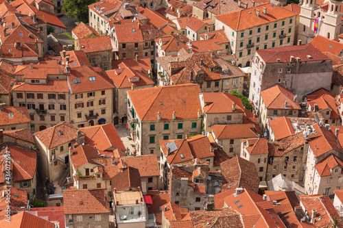 Close-up top view of the old roofs with red tile, the old town of Kotor in Montenegro