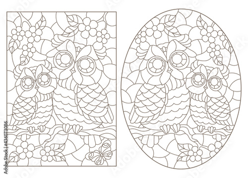 Set of contour illustrations of stained glass Windows with cute cartoon owls on tree branches, dark outlines on a white background