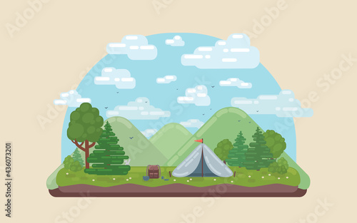 Landscape with forest campsite against mountains in background. Flat vector illustration.