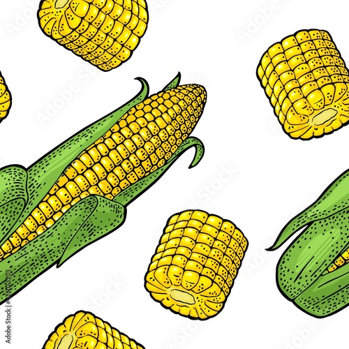 Seamless pattern ripe corn cob with and without leaves. Vector color vintage engraving