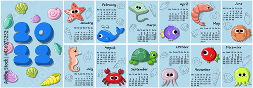 Calendar for 2022 with cartoon cute underwater animals
