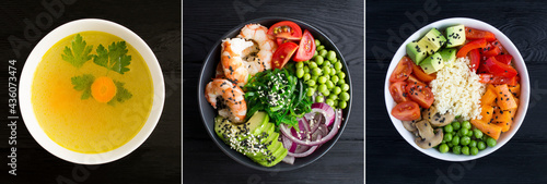 Collage of healthy food. Chicken broth and poke salad in the bowl on the black wooden background. Top view. Close-up.