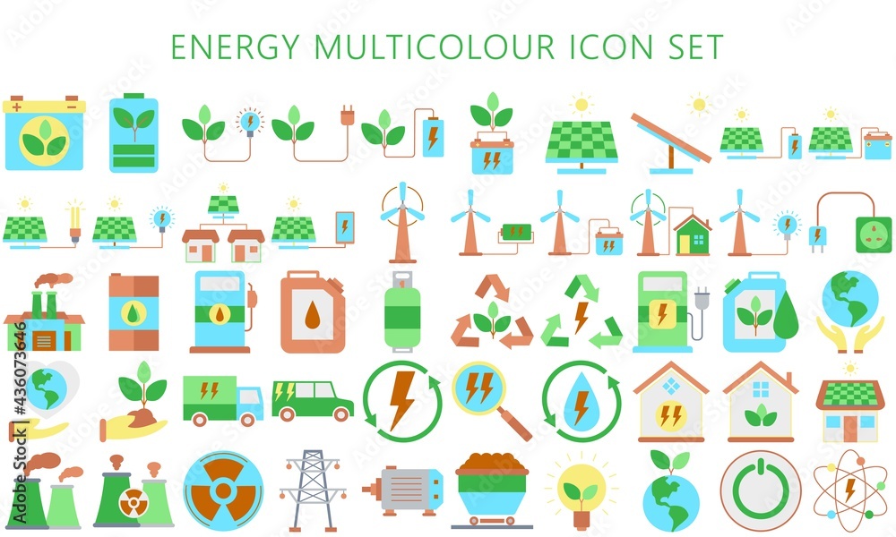 energy icons set with flat multicolor, including battery, sun, green, ecology, renewable and sustainable. Used for modern concepts, web, and applications. eps 10 ready to convert to svg