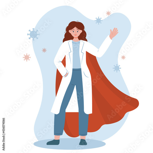 Doctor superhero is wearing a superhero's cloak. Flat vector illustration with brave happy woman medical worker isolated on white background.  