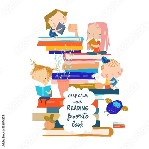 Cute children sitting on stack of book