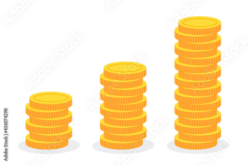 Growing stack of golden coins. Creative financial concept of investment growth, profit, or interest. Pile of money. Simple trendy cute cartoon vector illustration. Flat style graphic design icon.