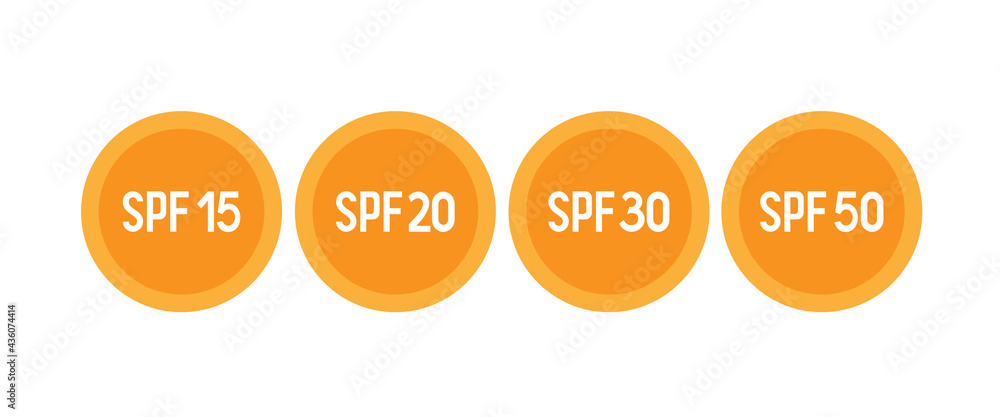 SPF sun protection factor. Stickers in the shape of the sun with the word SPF. Sunscreen labels icons. Vector icons isolated on white background. SPF sun protection factor. Stickers in the shape of the sun with the word SPF. Sunscreen labels icons. Vector icons isolated on white background.