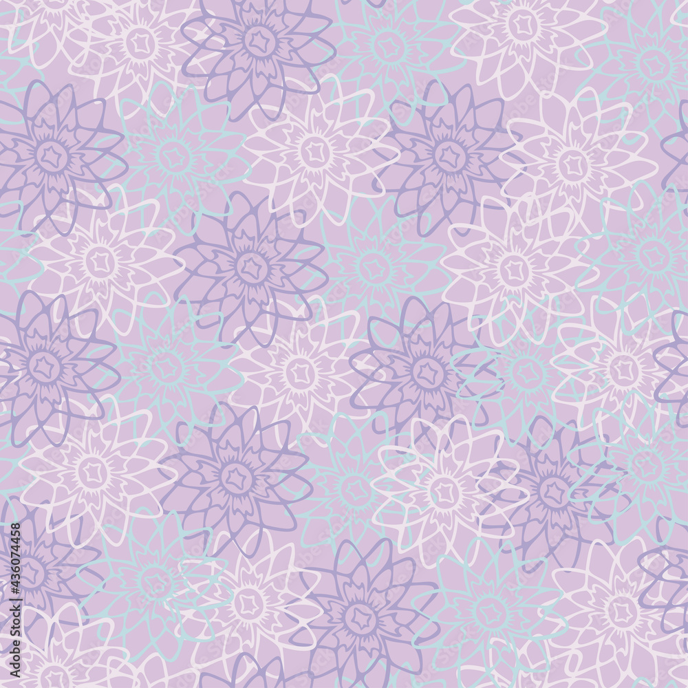 Vector seamless pattern with decorative flowers on purple background. Tender flowers design.