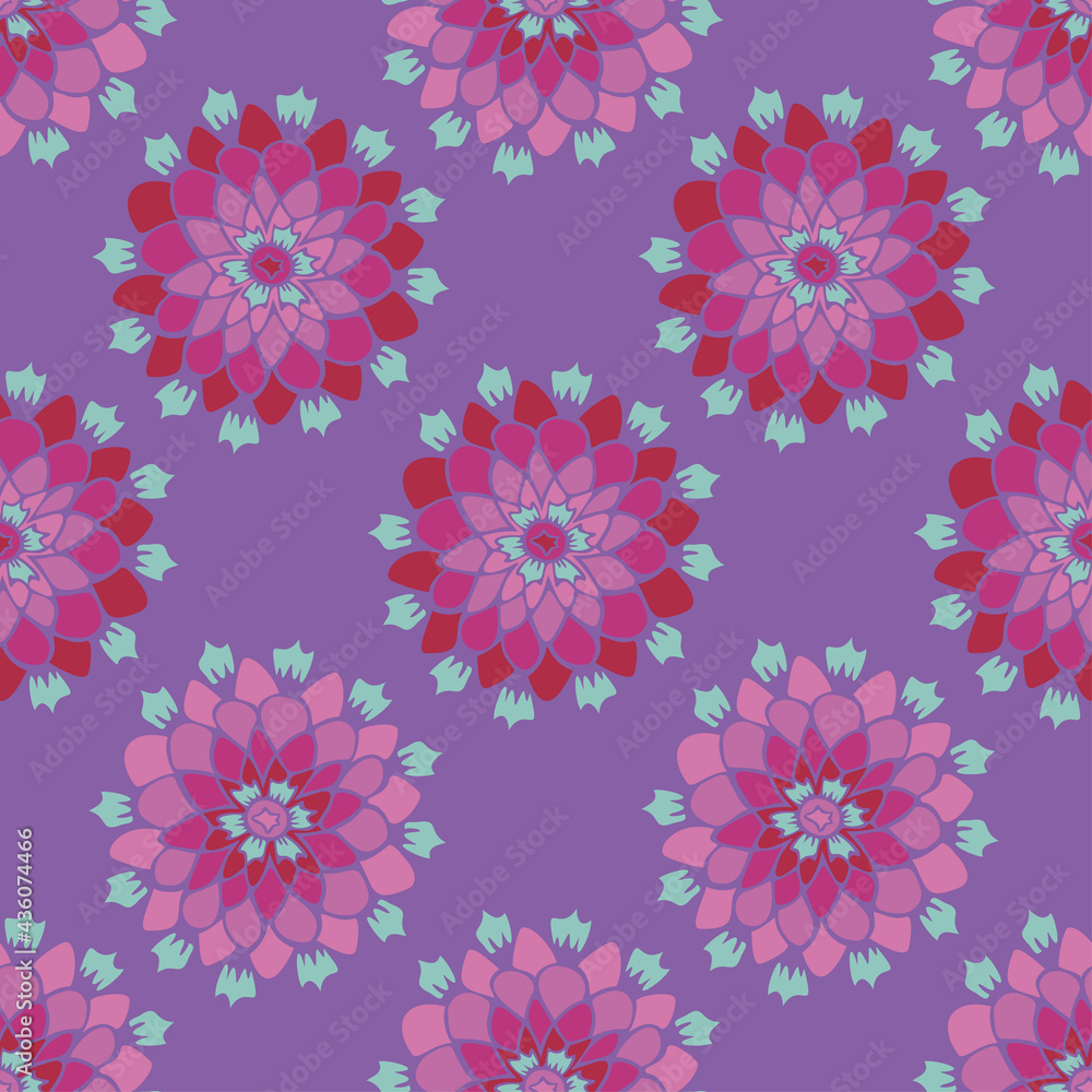 Vector seamless pattern with abstract flowers on a purple background. Decorative flowers design.