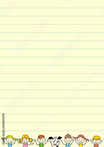 The A4 decorative lined paper, at the bottom is a picture with children and a dog, vector
