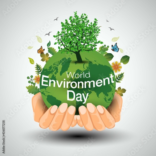 world environment day poster. two hands holding global earth and green tree. vector illustration design.