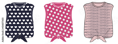Allover printed sleeveless baby tops with tie elements. Vector illustration.