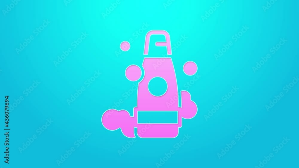 Pink line Bottle of shampoo icon isolated on blue background. 4K Video motion graphic animation Pink line Bottle of shampoo icon isolated on blue background. 4K Video motion graphic animation